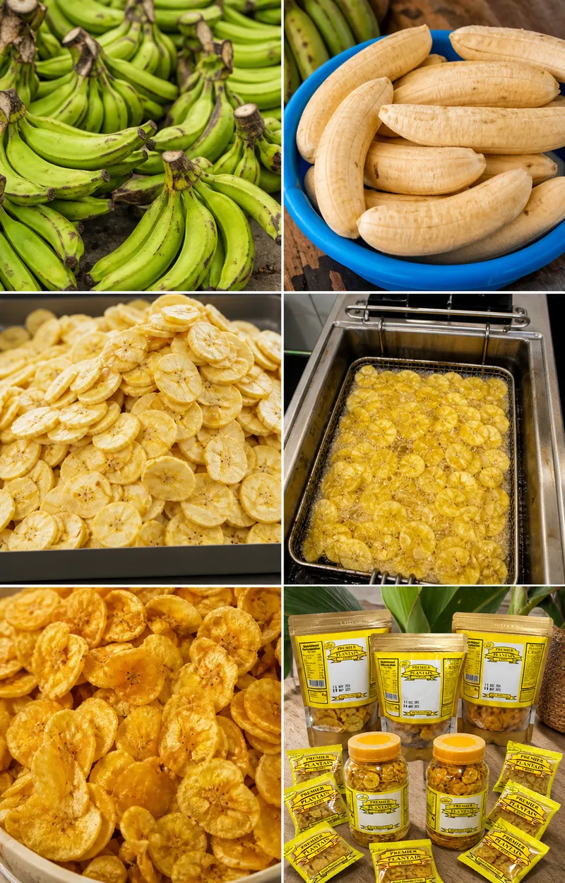 The Premier process: fresh plantain, peeled and sliced plantain, frying, finished crisps and packaged products