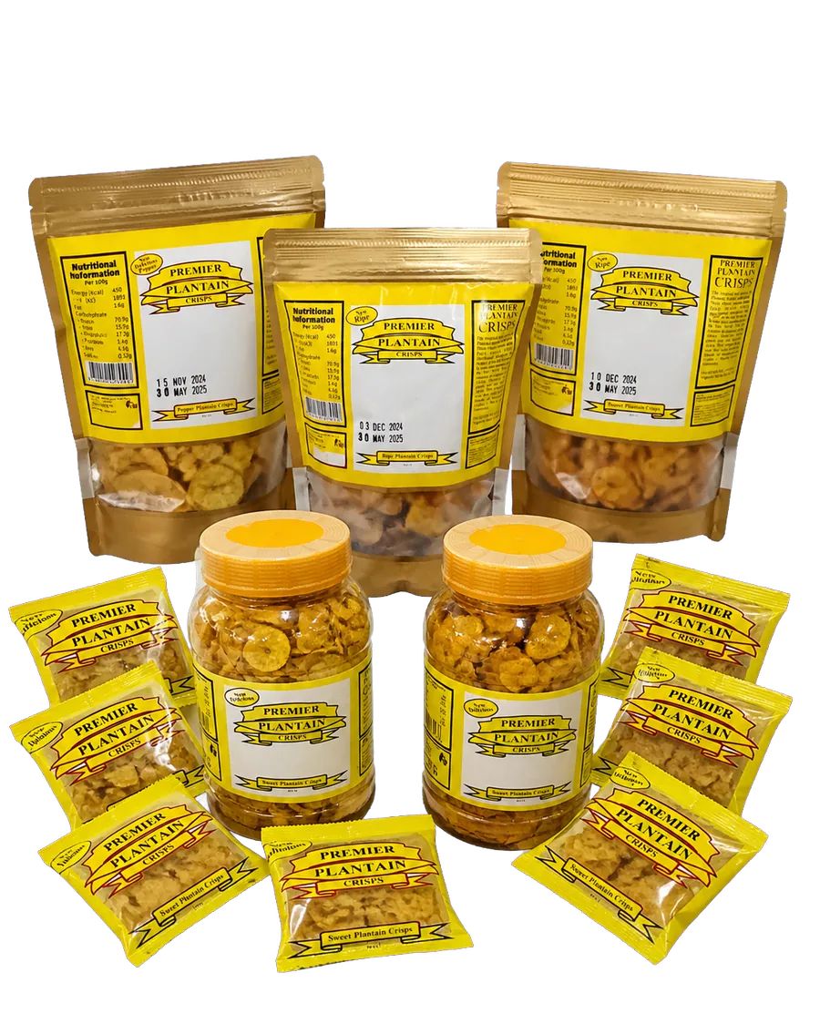 Premier Sweet, Ripe and Pepper Plantain Crisps pouches, sachets and jars